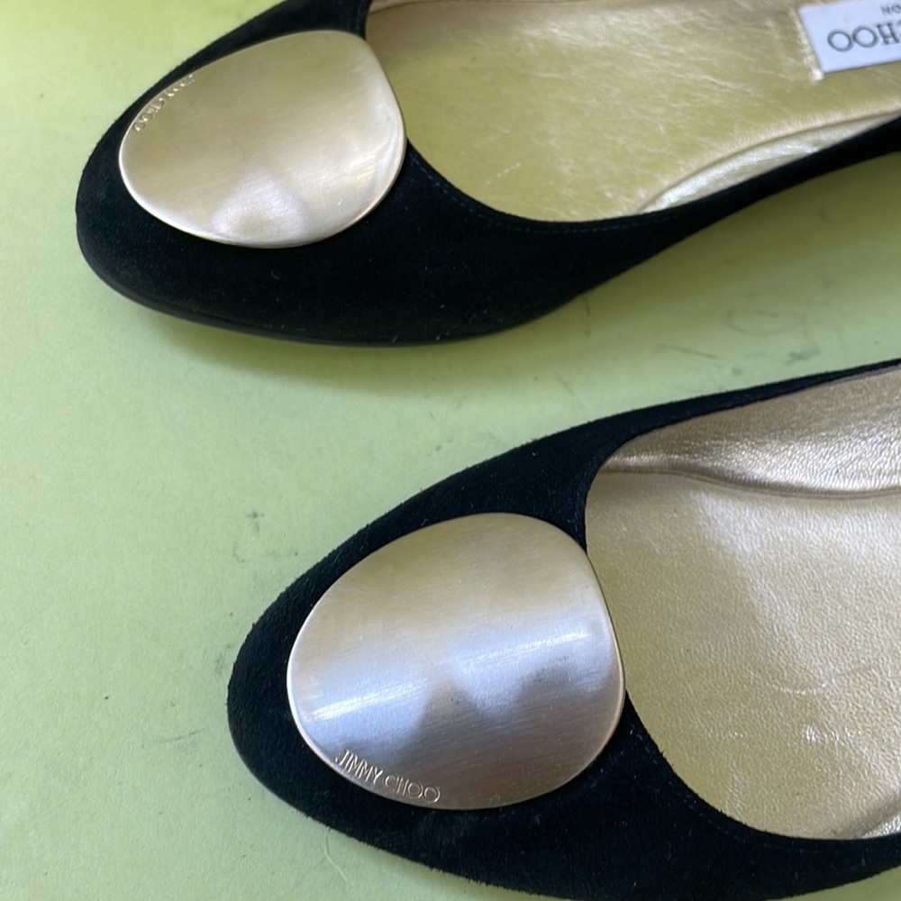 Jimmy Choo Black Suede Flats with Gold Disc Toe